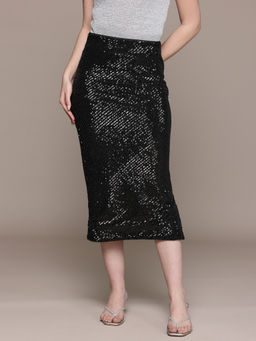 Label Ritu Kumar - Black Mid Waist Embellished Sequined Skirt