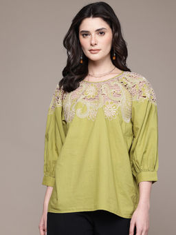 Label Ritu Kumar - Green Round Neck Three Fourth Sleeves Embroidered Top