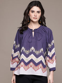 Label Ritu Kumar - Navy Blue Tie Up Neck Full Sleeves Printed Top