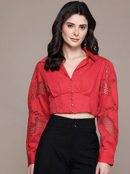 Label Ritu Kumar - Red Collar Neck Full Sleeves Solid Plain Crop Top