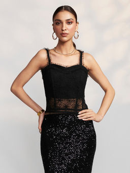 Label Ritu Kumar - Black Sweetheart Sleeveless Embroidered Top