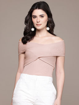 Label Ritu Kumar - Beige Off Shoulder Sleeveless Solid Plain Top