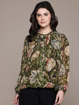 Label Ritu Kumar - Olive Round Neck Full Sleeves Floral Top