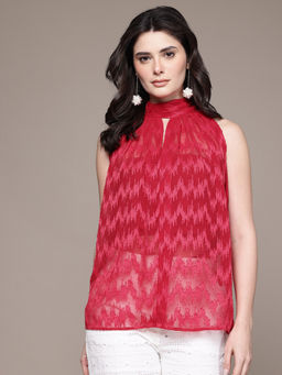 Label Ritu Kumar - Red Halter Neck Sleeveless Printed Top, Bustier