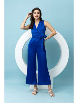 Beatnik - Blue Notched Lapel Sleeveless Solid Plain Jumpsuit