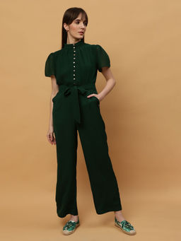 Beatnik - Green High Neck Puff Sleeves Solid Plain Jumpsuit