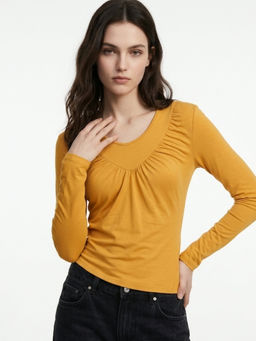 Outzidr - Yellow V-Neck Full Sleeves Solid Plain Top