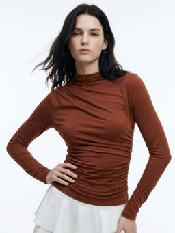 Outzidr - Brown High Neck Full Sleeves Solid Plain Top