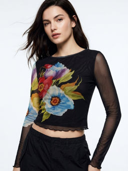 Outzidr - Black Round Neck Full Sleeves Floral Crop Top