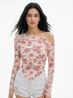 Outzidr - Pink Asymmetrical Full Sleeves Floral Top