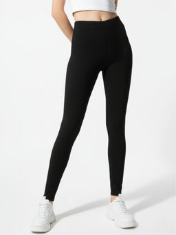 Outzidr - Black Skinny Fit Solid Plain Leggings