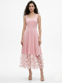 Outzidr - Pink Square Neck Sleeveless Midi Dress