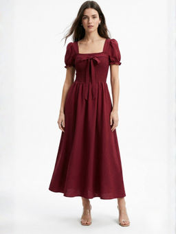 Outzidr - Maroon Square Neck Puff Sleeves Midi Dress