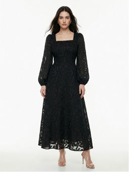 Outzidr - Black Square Neck Full Sleeves Maxi Dress