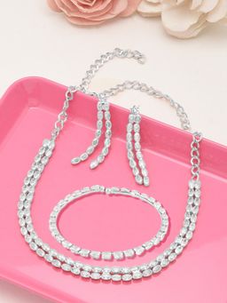 Zaveri Pearls - Silver Tone Dazzling Cubic Zirconia Necklace Earring and Bracelet Set-ZPFK12583