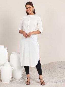 Libas - White Solid Pathani Style Kurta with Curved Hem and Pocket