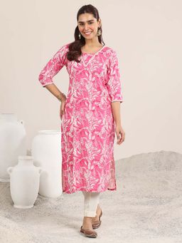 Libas - Pink Floral Printed Straight Kurta with Pocket