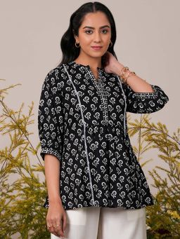 Libas - Black Cotton Floral Printed Pleated A-Line Tunic