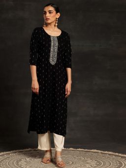 Libas - Women Black Floral Yoke Embroidered Cotton Blend Kurta with Pocket