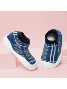 Baby Moo - Checked Anti-Skid Rubber Sole Comfy Slip-On Sock Shoes - Blue