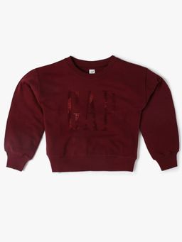 GAP - Girls Maroon Casual Knitted Crew Neck Embellished Full Sleeves Sweatshirt