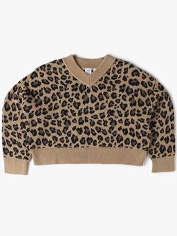GAP - Girls Brown Casual Cotton V-Neck Animal Print Full Sleeves Sweater