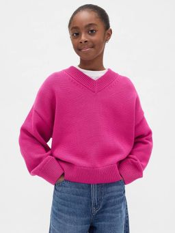 GAP - Girls Pink Casual Cotton V-Neck Solid Full Sleeves Sweater