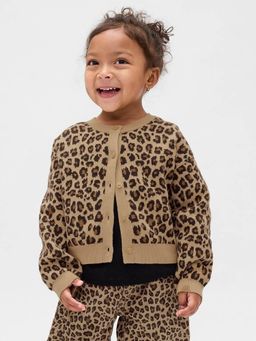 GAP - Girls Brown Casual Cotton Crew Neck Animal Print Full Sleeves Cardigan