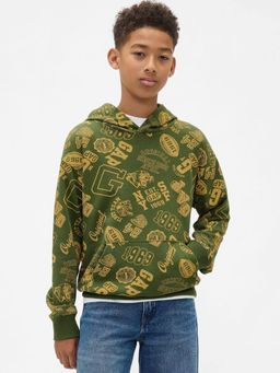 GAP - Boys Green Casual Knitted Hooded Neck Printed Full Sleeves Hoodie