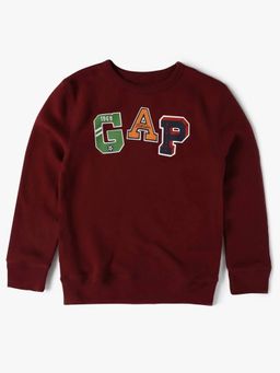GAP - Boys Maroon Casual Knitted Crew Neck Graphic Full Sleeves Sweatshirt