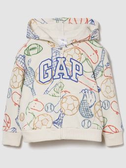 GAP - Boys Off White Casual Knitted Hooded Neck Printed Full Sleeves Hoodie