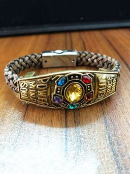 Yellow Chimes - Men Brown & Gold-Toned Crystal Leather Avengers Infinity Bracelet