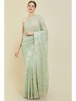 Soch - Women Green Chiffon Embroidered Saree with Unstitched Blouse