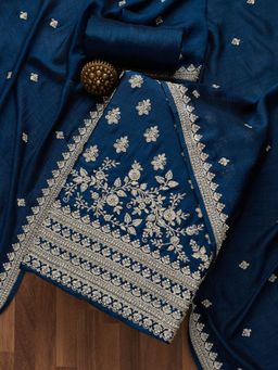 Koskii - Peacock Blue Silver Zariwork Raw Silk Unstitched Salwar Suit (Set of Three)