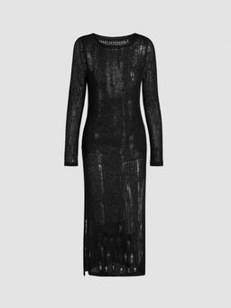 Cider - Black Knit Patchwork Ripped Midi Dress