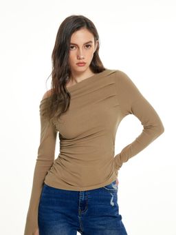 Cider - Khaki Ruched Asymmetrical Neck Long Sleeve Top