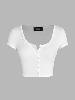 Cider - White Solid Square Neck Button Up Crop Top