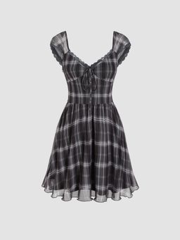 Cider - Black Checks Sweetheart Neck Knotted Lettuce Trim Mini Dress