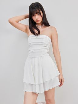 Cider - White French Riviera Vacation Tube Ruched Ruffle Mini Dress