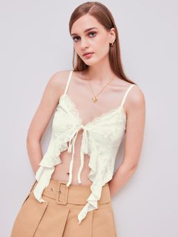 Cider - Beige Lace Ruffle Hem Knotted Knit Crop Top