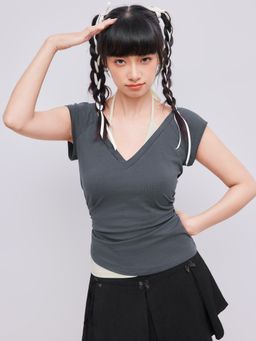 Cider - Grey Halter Neckline Patchy Short Sleeve Tee