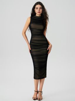 Cider - Black Mesh Ruched High Neck Midi Dress