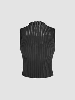 Cider - Black Solid Knit Stand Collar Ruffle Trim Tank Top