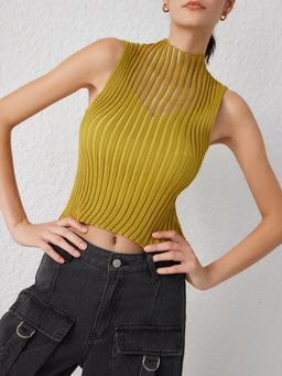 Cider - Green Solid Knit Stand Collar Ruffle Trim Tank Top