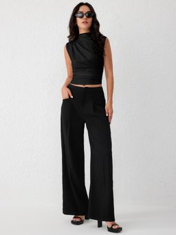 Cider - Black Asymmetrical High Neck Ruched Crop Top