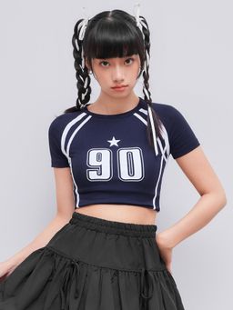 Cider - Blue Round Neck Graphic Short Sleeve Crop Tee