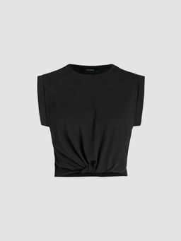 Cider - Black Solid Round Neckline Twist Short Sleeve Crop Top