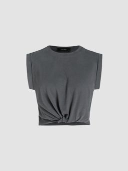 Cider - Grey Solid Round Neckline Twist Short Sleeve Crop Top