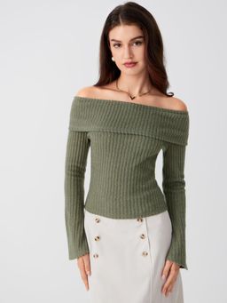 Cider - Green Off Shoulder Solid Long Sleeve Top