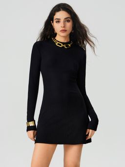 Cider - Black High Neck Solid Mini Dress